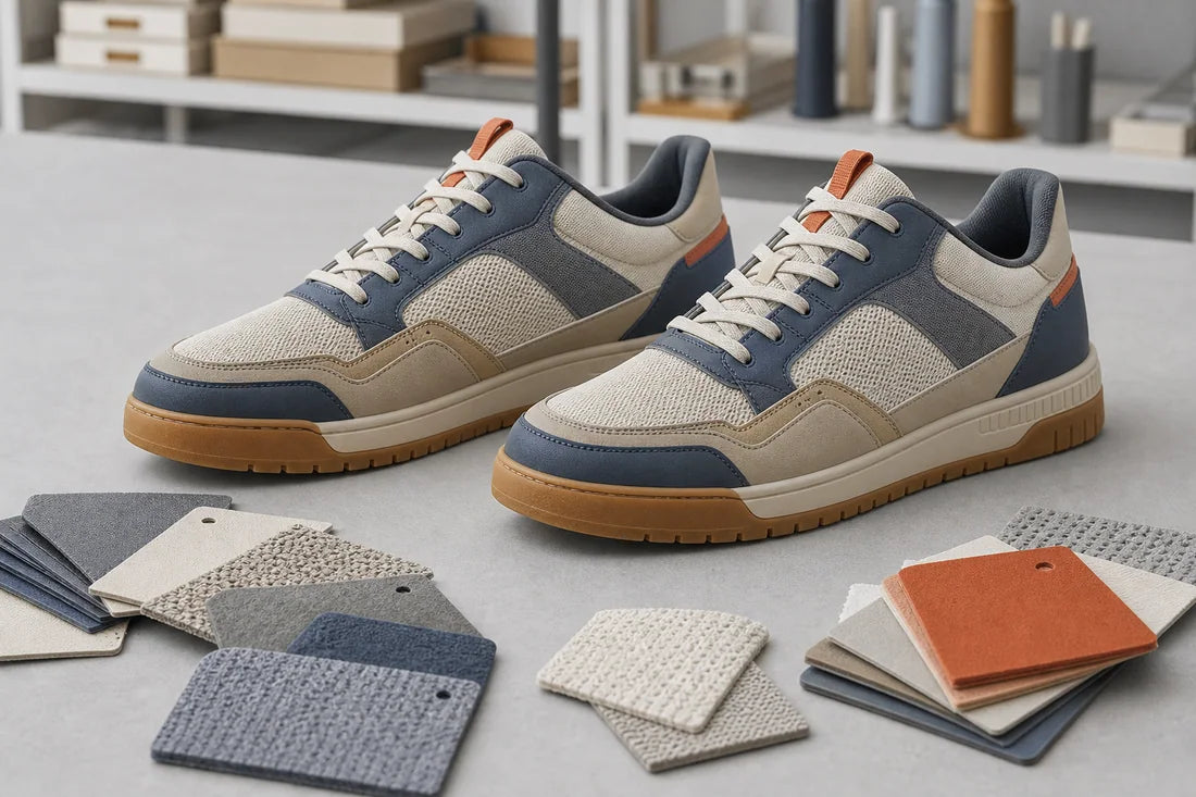 AI-generated unbranded custom lifestyle sneaker sourcing concept with material swatches