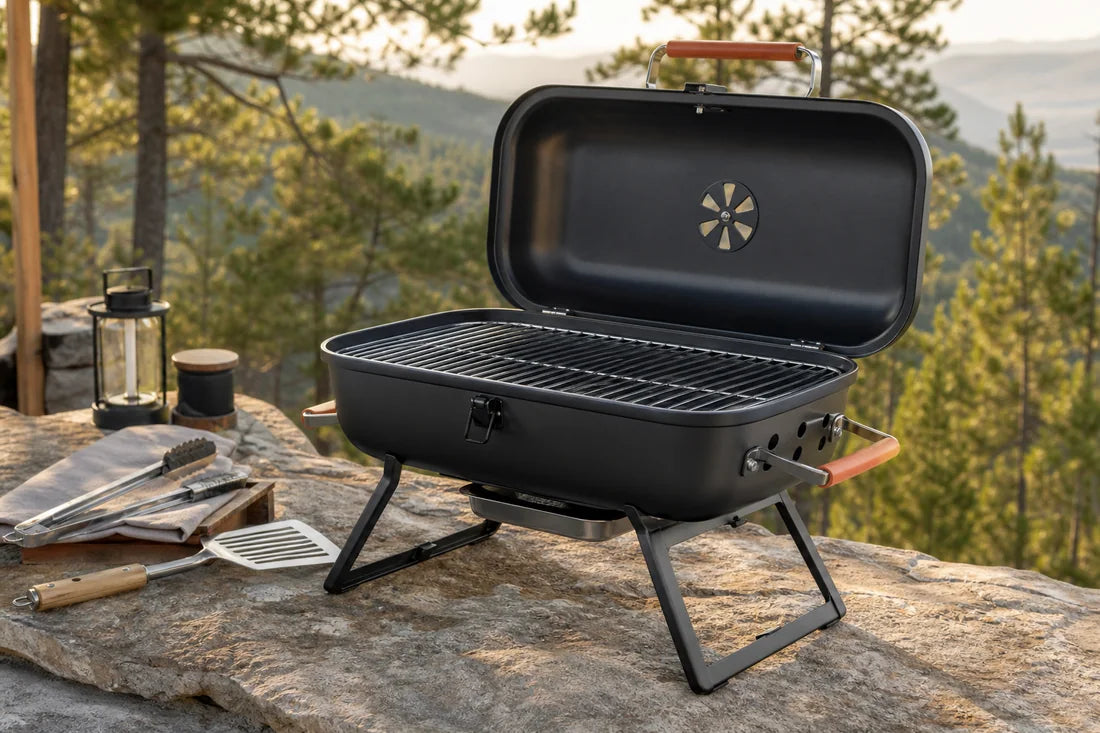 AI-generated unbranded portable charcoal barbecue grill sourcing concept with folding legs