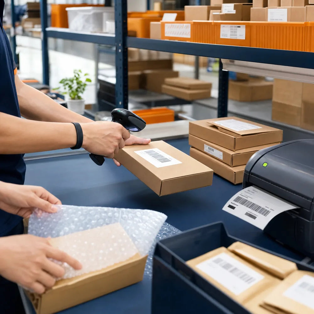 E-commerce parcels scanned at a China fulfillment work station